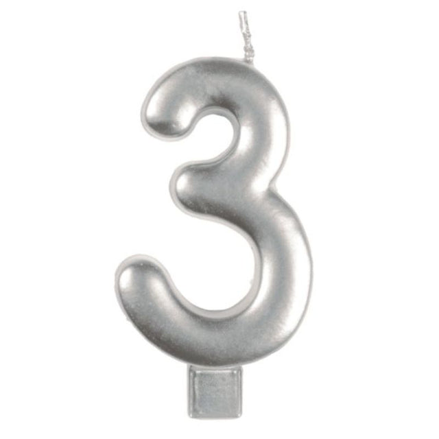 Elegant silver numeral candle #3 for birthdays and celebrations, measuring 8cm, burns cleanly and adds sophistication.
