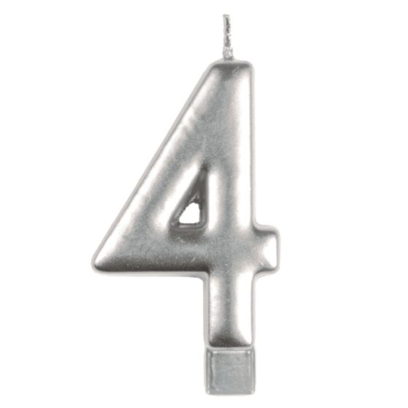 Elegant silver #4 numeral candle, 8cm, perfect for birthdays and anniversaries, adds sophistication to celebrations.