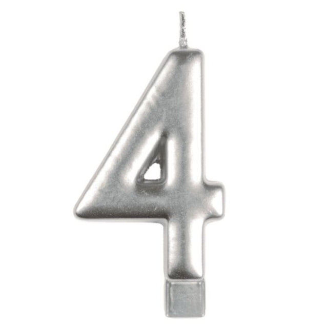 Elegant silver #4 numeral candle, 8cm, perfect for birthdays and anniversaries, adds sophistication to celebrations.