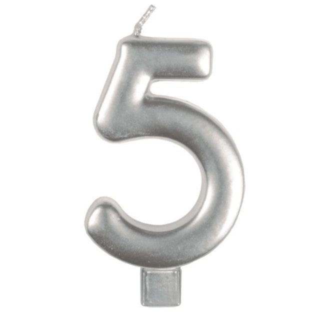 Elegant silver #5 candle numeral, 8cm tall, perfect for birthdays and anniversaries, adds sophistication to cake decor.