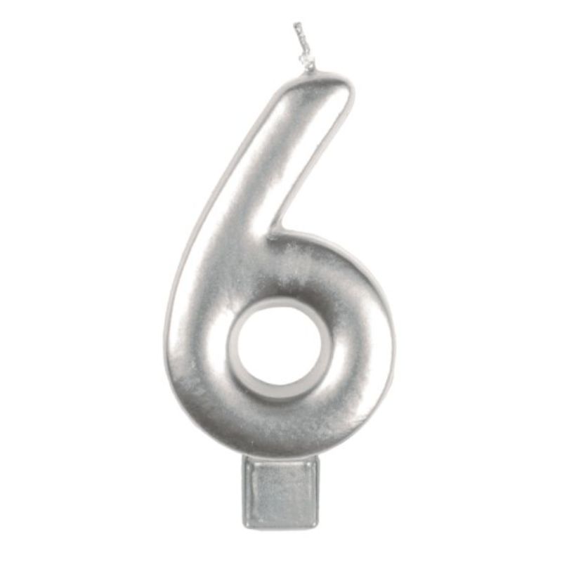 Silver #6 candle, 8cm tall, perfect for elegant birthday cake decorations and milestone celebrations.