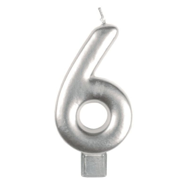 Silver #6 candle, 8cm tall, perfect for elegant birthday cake decorations and milestone celebrations.
