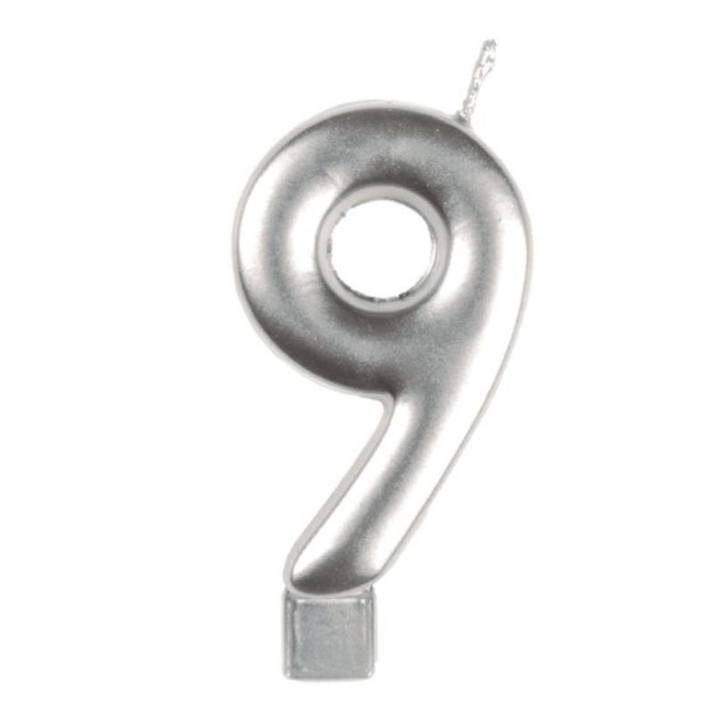Gleaming silver numeral candle #9, 8cm tall, perfect for birthday cakes and milestone celebrations, adds elegance to any event.