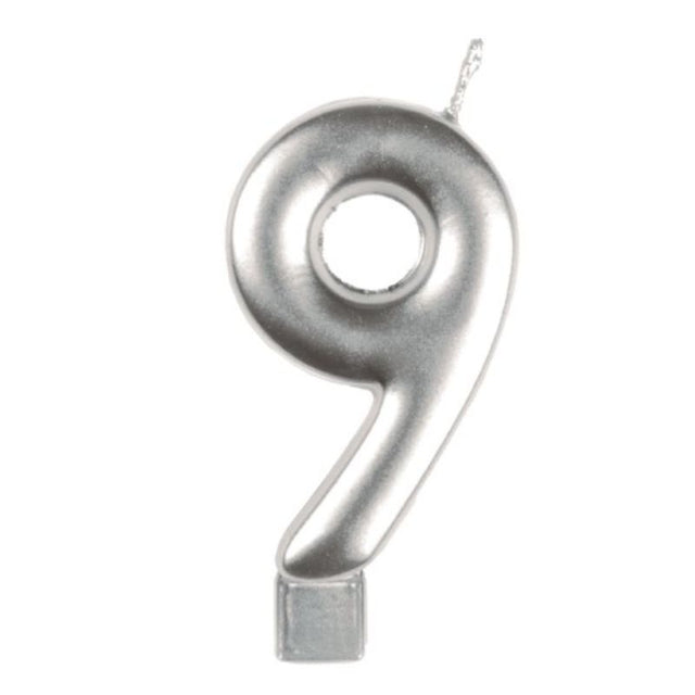 Gleaming silver numeral candle #9, 8cm tall, perfect for birthday cakes and milestone celebrations, adds elegance to any event.