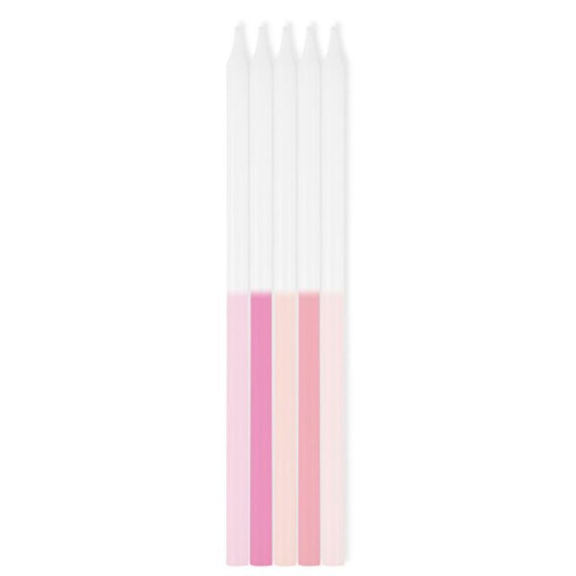 Elegant pack of 10 pink ombre taper candles, perfect for dinners, weddings, and cozy atmospheres.