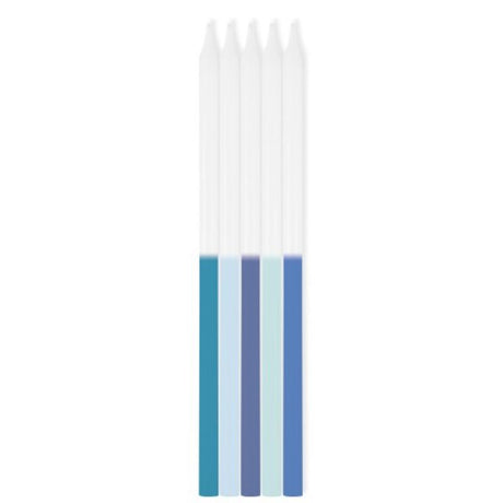 Pack of 10 Blue Ombre Taper Candles, featuring a gradient design, perfect for elegant decor and special occasions.