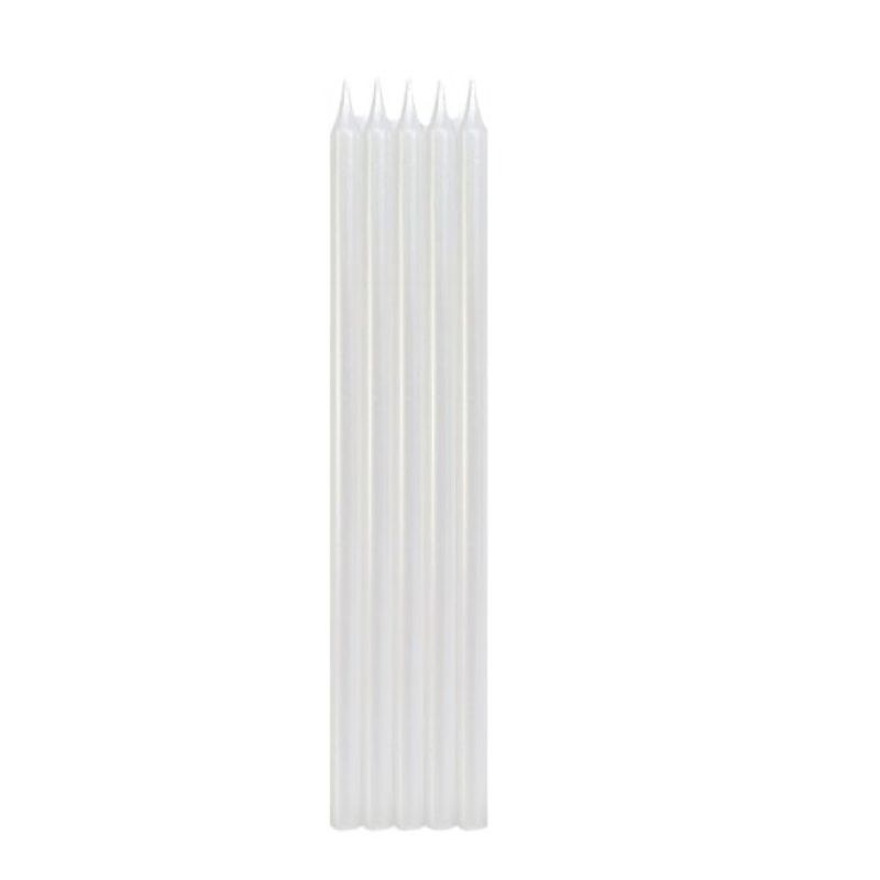 Pack of 10 iridescent taper candles, 12cm each, perfect for elegant table settings and ambiance.