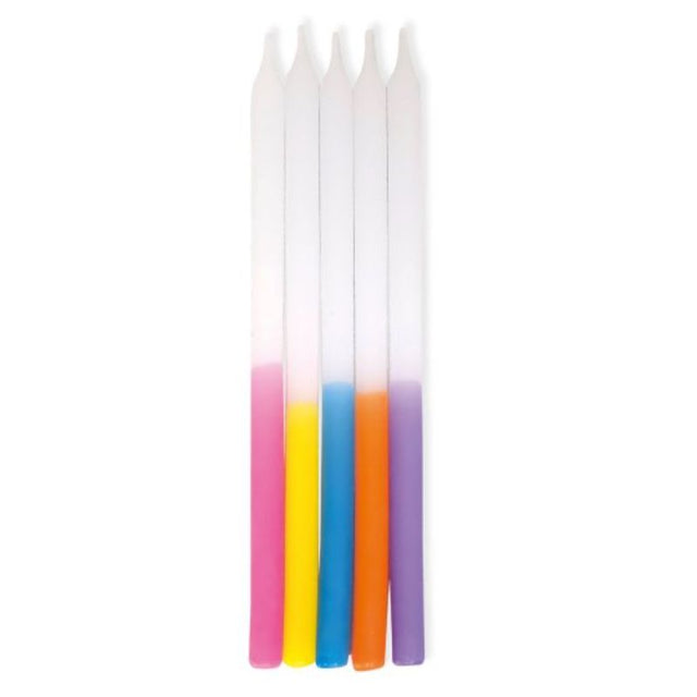 Pack of 10 Rainbow Ombre Taper Candles, 12cm tall, vibrant gradient colors perfect for decor and celebrations.