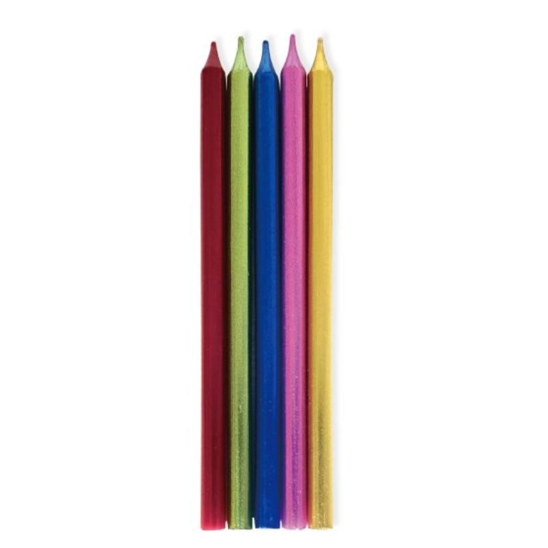 Pack of 10 vibrant 12cm rainbow metallic taper candles for elegant celebrations and decor enhancements.