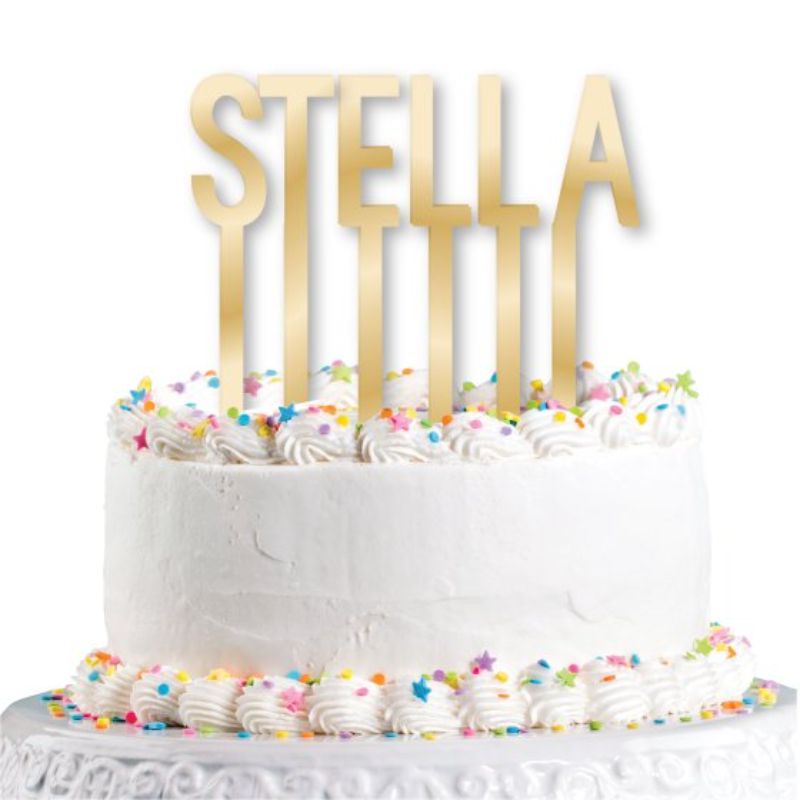 Custom gold acrylic cake topper, customizable with names or messages for any special celebration.