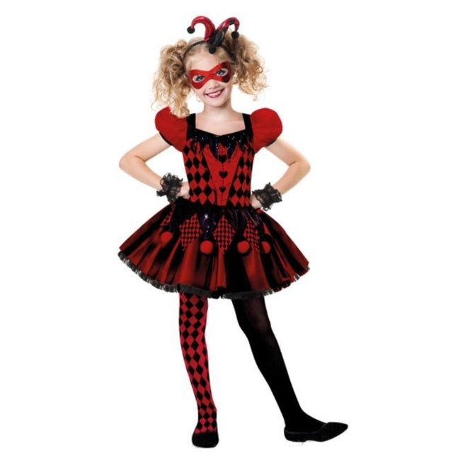 Colorful Harlequin Cutie costume for girls aged 6-8, including dress, cuffs, headband, and mask for imaginative play.