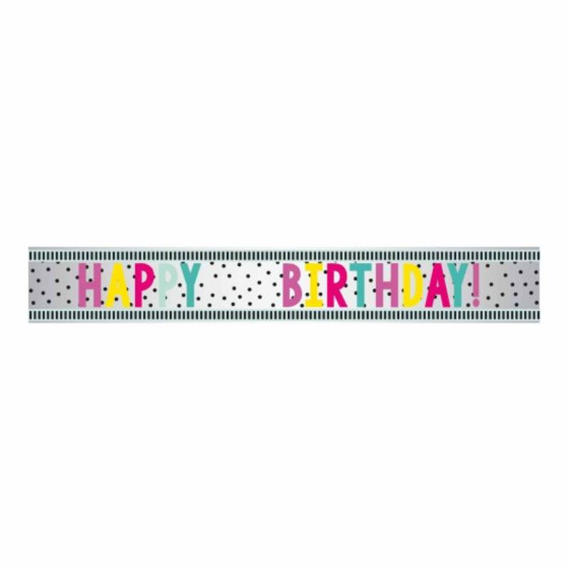 Vibrant 1.8m Happy Birthday Foil Banner with colorful dots and customizable age feature for festive celebrations.