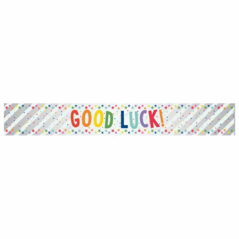 Vibrant 2.7m multi-coloured foil banner wishing good luck, perfect for celebrations and events.