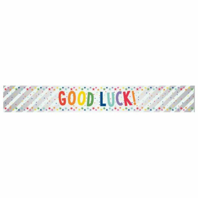 Vibrant 2.7m multi-coloured foil banner wishing good luck, perfect for celebrations and events.