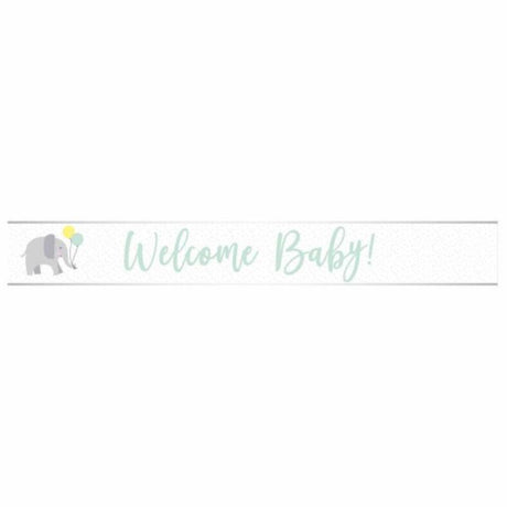 Welcome Baby Blue Foil Banner, 2.7m long, shimmering blue decoration for baby showers and newborn celebrations.