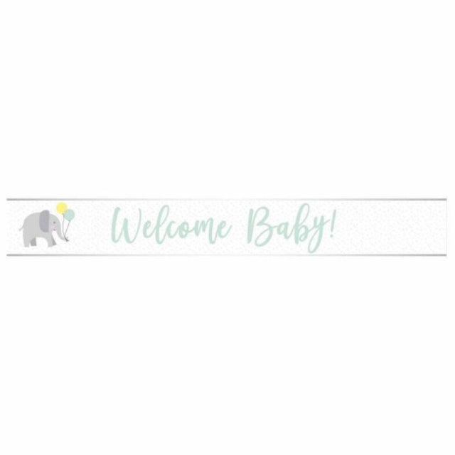 Welcome Baby Blue Foil Banner, 2.7m long, shimmering blue decoration for baby showers and newborn celebrations.