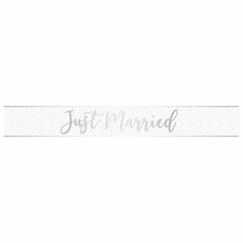 Just Married Silver Foil Banner, 2.7m, elegant wedding decoration adding glamour to celebrations.