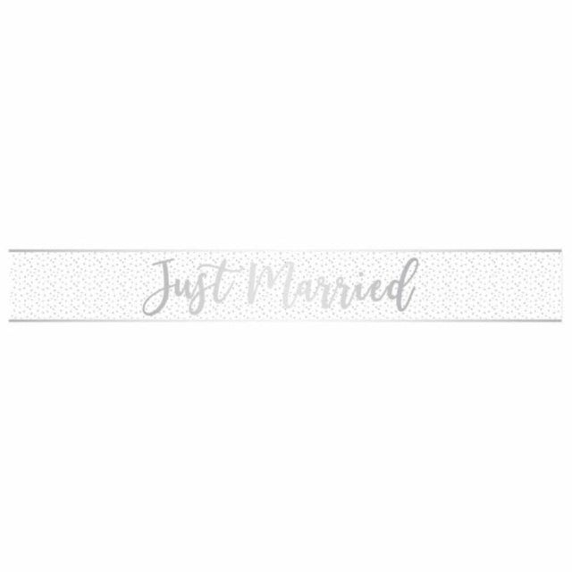 Just Married Silver Foil Banner, 2.7m, elegant wedding decoration adding glamour to celebrations.