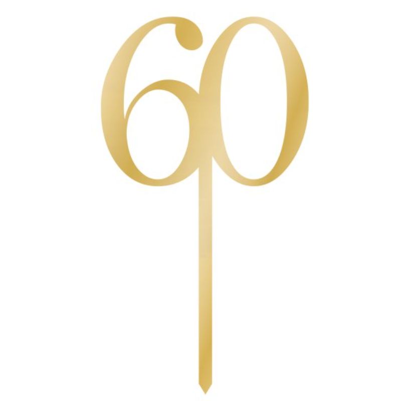 Gold acrylic cake topper reading '60' for elegant celebrations, measuring 8cm x 15cm, perfect for milestone events.