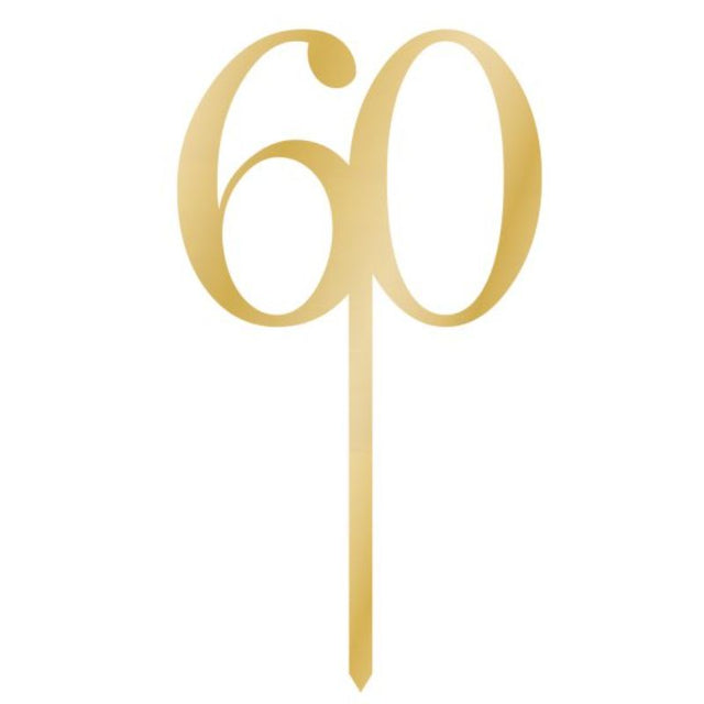 Gold acrylic cake topper reading '60' for elegant celebrations, measuring 8cm x 15cm, perfect for milestone events.