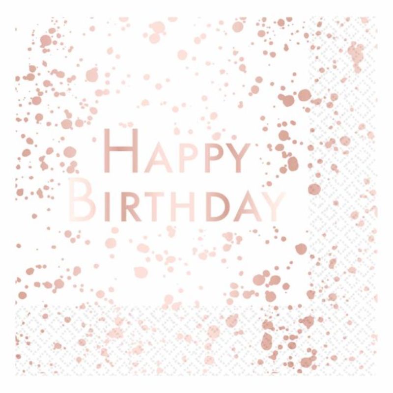Elegant rose gold 'Happy Birthday' lunch napkins, pack of 16, perfect for stylish birthday celebrations.