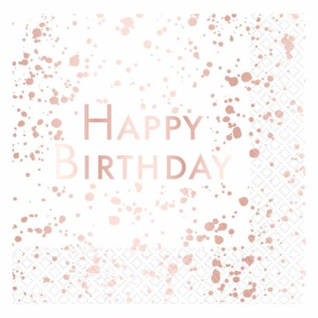 Elegant rose gold 'Happy Birthday' lunch napkins, pack of 16, perfect for stylish birthday celebrations.