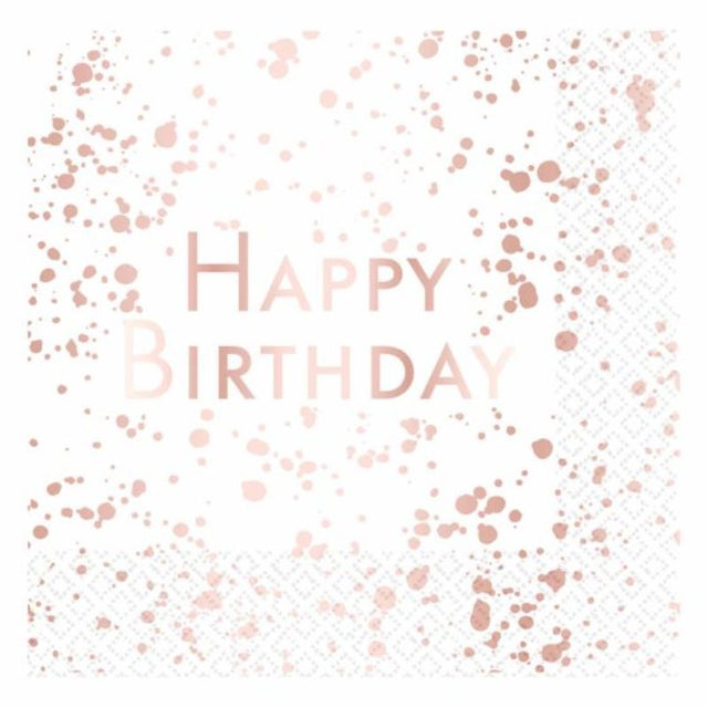Elegant rose gold 'Happy Birthday' lunch napkins, pack of 16, perfect for stylish birthday celebrations.