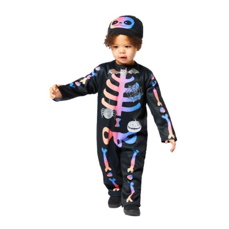 Ombre skeleton costume for girls 3-4 years, featuring purple, blue, and black design, soft fabric, includes top, trousers, and headpiece.