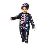 Ombre skeleton costume for girls 3-4 years, featuring purple, blue, and black design, soft fabric, includes top, trousers, and headpiece.