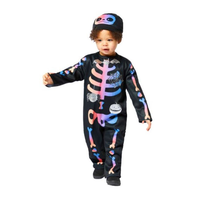 Ombre skeleton costume for girls 3-4 years, featuring purple, blue, and black design, soft fabric, includes top, trousers, and headpiece.