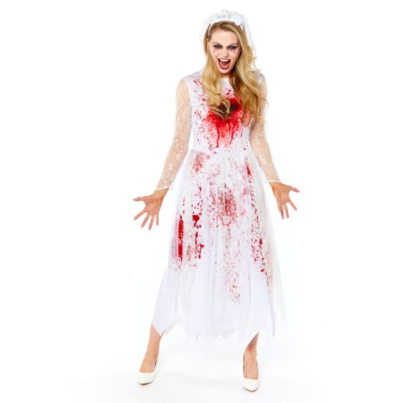 Hauntingly beautiful Bloody Bride costume in size 16-18 with tattered lace details and blood splatters, perfect for Halloween.