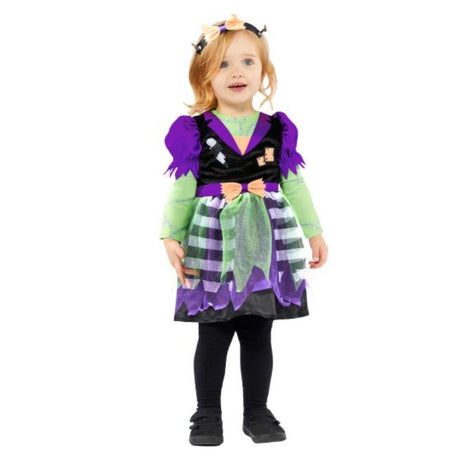 Vibrant Little Miss Frankie costume for girls 6-8, featuring a stylish dress and adorable headband, perfect for Halloween fun.