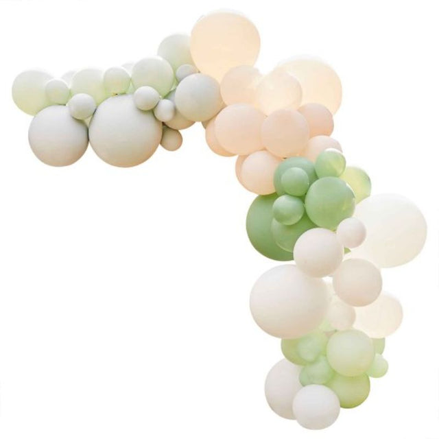 Sage green and nude balloon arch kit, 73 pieces for elegant party decor, includes balloons and accessories for easy setup.