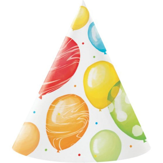 Cone-shaped birthday hats with colorful balloon design, perfect for festive celebrations and parties, pack of 8.