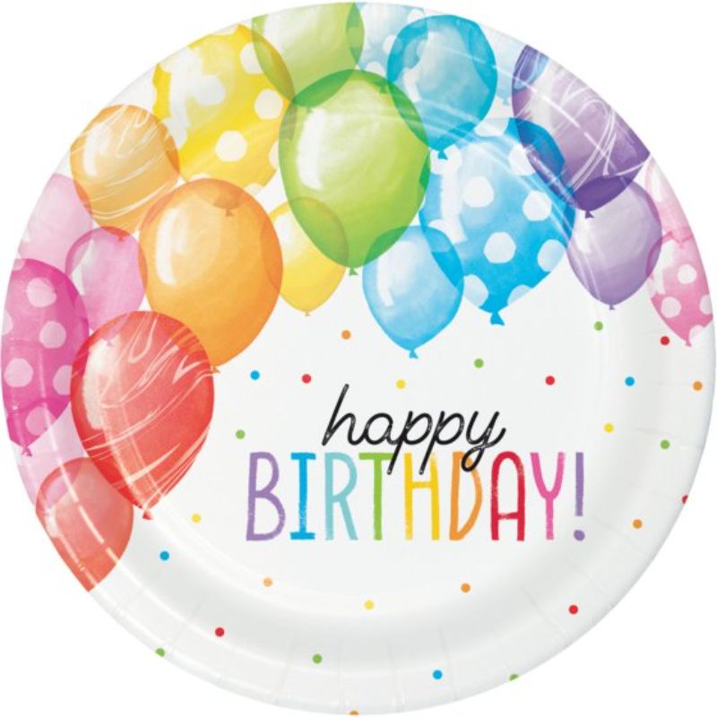 Vibrant 22cm paper dinner plates with a festive balloon theme, perfect for birthday celebrations and eco-friendly cleanup.