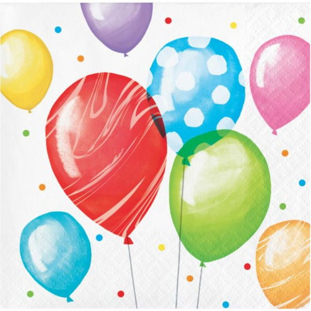Colorful Balloon Bash Birthday Beverage Napkins in a pack of 16, perfect for festive celebrations and hassle-free cleanup.