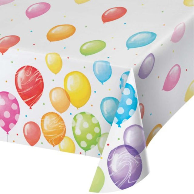 Vibrant Balloon Bash Birthday Tablecover, 137cm x 259cm, featuring playful balloon designs for festive party decor.