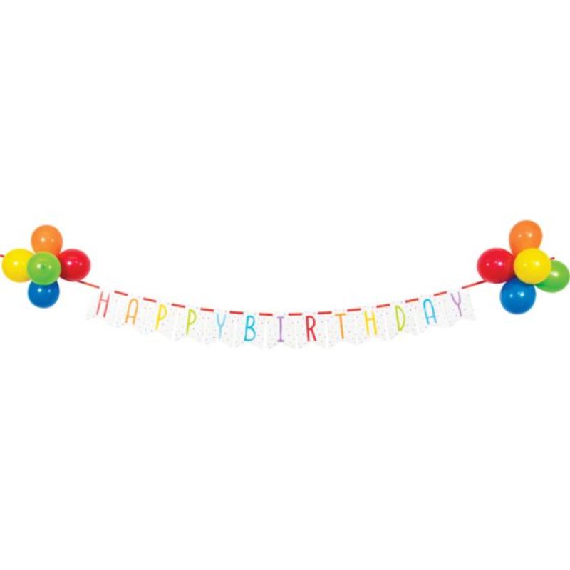 Colorful Balloon Bash Birthday Ribbon Banner with vibrant 20cm balloons for festive celebrations.