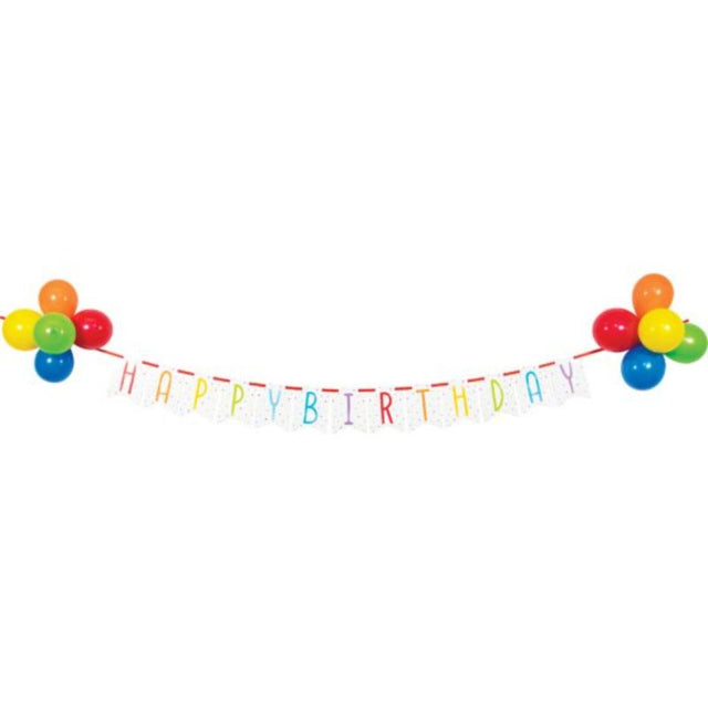 Colorful Balloon Bash Birthday Ribbon Banner with vibrant 20cm balloons for festive celebrations.