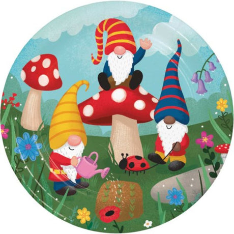 Pack of 8 whimsical 22cm paper dinner plates featuring playful gnomes, perfect for kids' parties and festive gatherings.