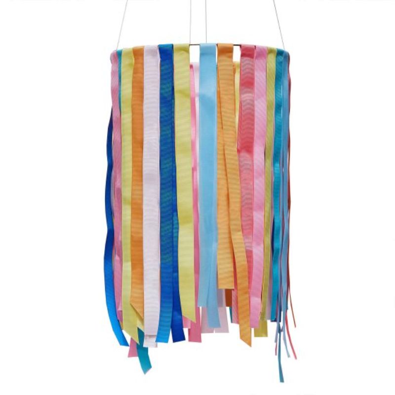 Vibrant hanging ribbon hoop decoration, 90cm high and 40cm wide, perfect for colorful home decor and celebrations.