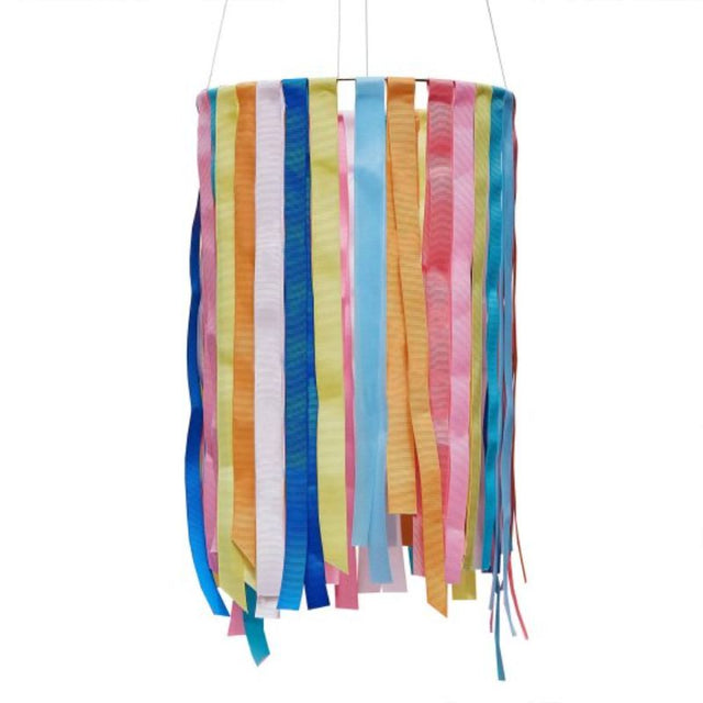 Vibrant hanging ribbon hoop decoration, 90cm high and 40cm wide, perfect for colorful home decor and celebrations.