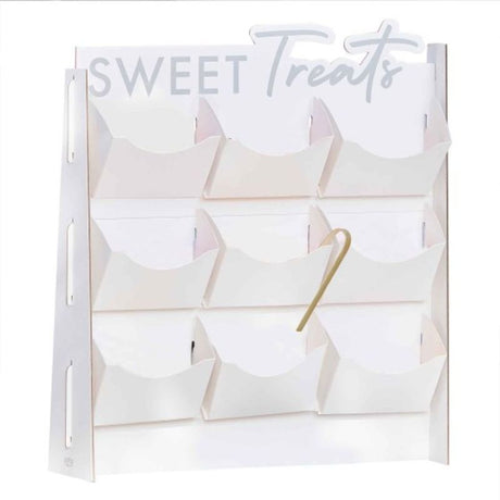 Colorful Mix It Up Treat Stand with 9 shelves, 10 bags, and tongs for serving candy at parties and events.