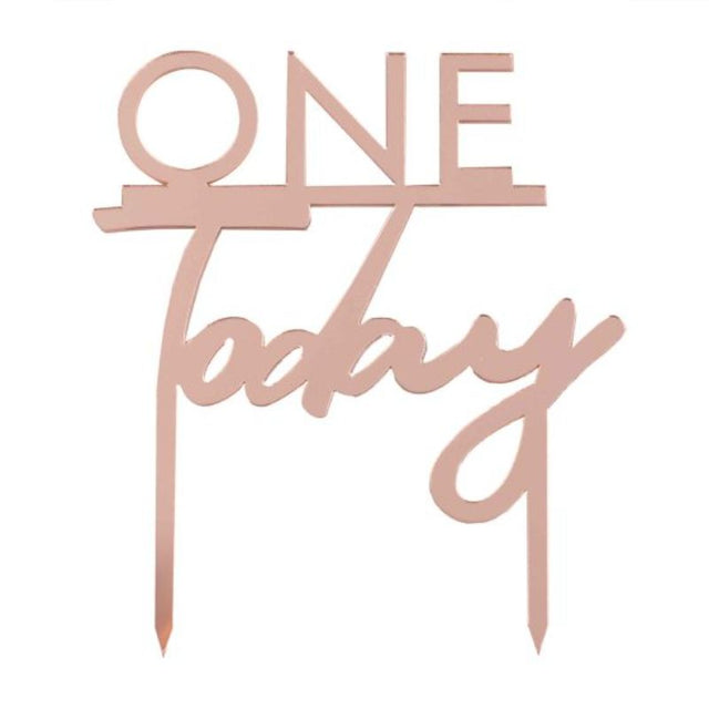 Rose gold cake topper 'One Today' for first birthday, eco-friendly and reusable with elegant design.