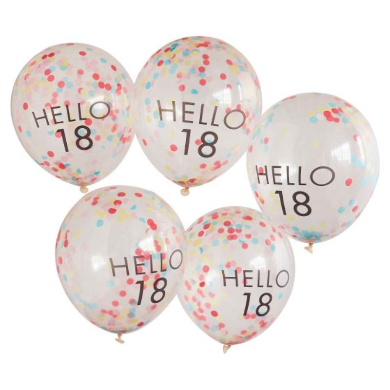 Vibrant 'Hello 18' balloons in bright colors, ideal for milestone celebrations, eco-friendly and durable, pack of 5.