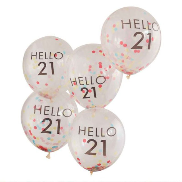 Pack of 5 colorful 30cm 'Hello 21' balloons, perfect for celebrations and eco-friendly party decor.