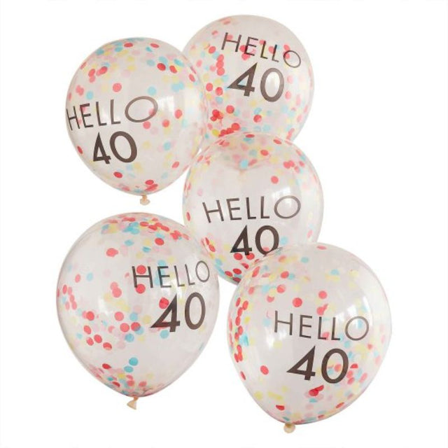 Bright, colorful 30cm 'Hello 40' balloons, perfect for 40th birthday celebrations, pack of 5, FSC certified.