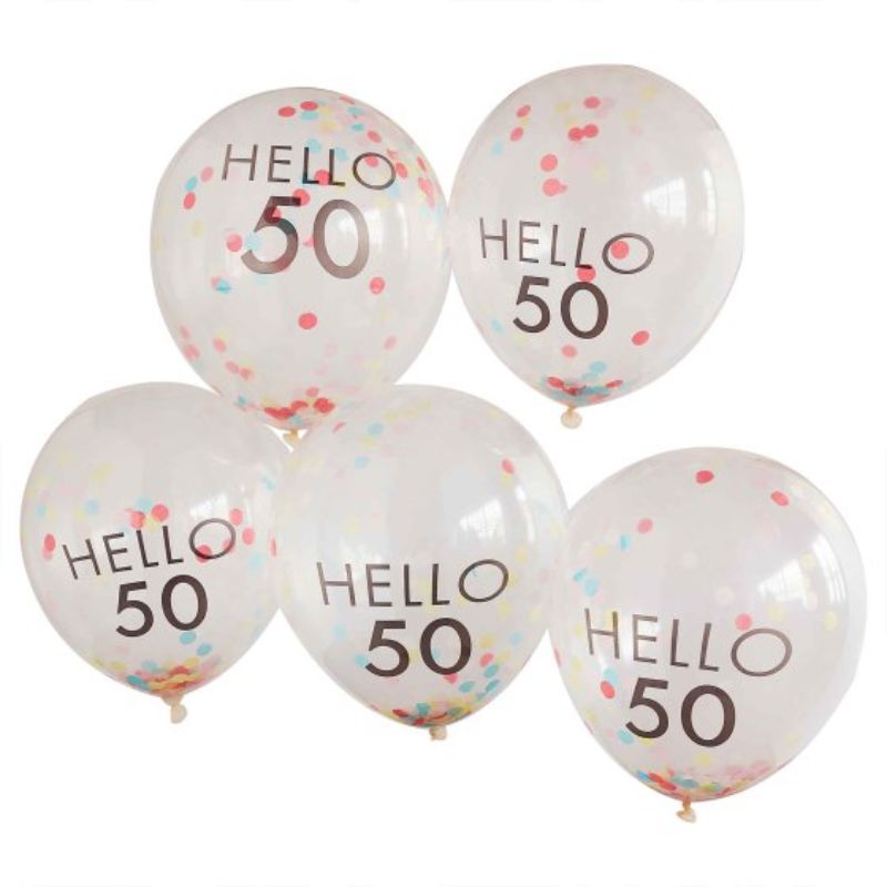 Bright 30cm balloons reading 'Hello 50', perfect for vibrant birthday celebrations and eco-friendly decoration.