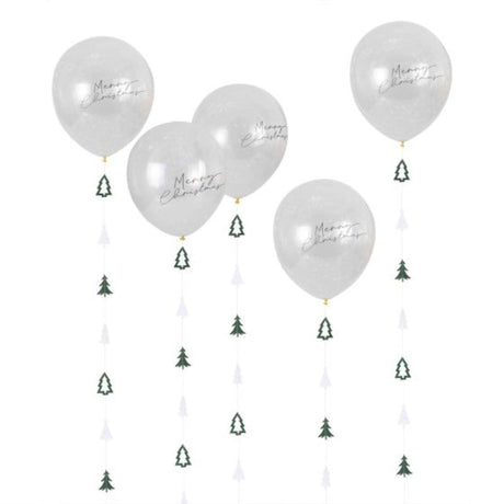 Pack of 5 Nordic Noel 12-inch Merry Christmas balloons with matching tails for festive holiday decorations.