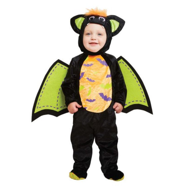 Toddler Iddy Biddy Bat Costume with romper, hat, and wings for Halloween fun, featuring black and purple accents.